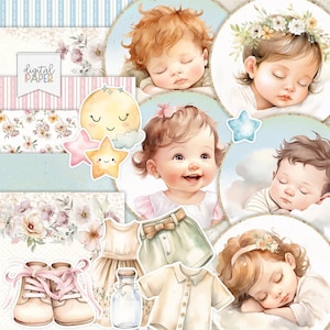 Zestaw Baby Born do druku, papierowe rzemiosło, tworzenie kartek, Cricut, prezent dla dziecka, pierwsze urodziny, scrapbooking DIY, naklejki, ozdoby, tworzenie kartek