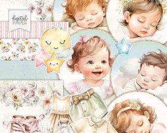 Baby Scrapbook Paper, Printable Nursery Stickers, Cute Ephemera, Baby Shower Decorations, Pastel Journaling Kit, Newborn Art, Digital A4 JPG