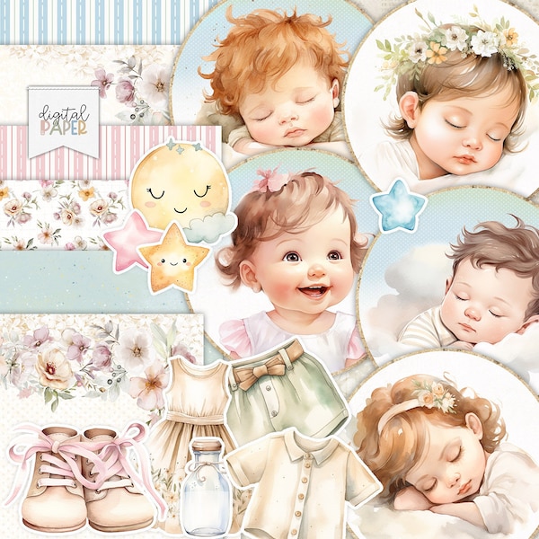 Naissances de bébés mignons, kits de scrapbooking imprimables, autocollants, décorations de maison, éphémères, créations en papier, fabrication de cartes, Cricut, cadeau pour bébé, premier anniversaire