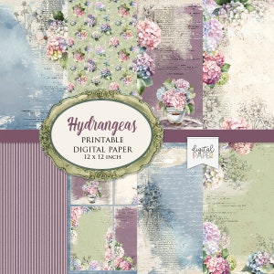 Coleção de hortênsias, papel para scrapbooking para impressão, 12 x 12 polegadas, fundo, páginas de diário, coisas efêmeras, artesanato faça você mesmo, álbum de scrapbook, cartões