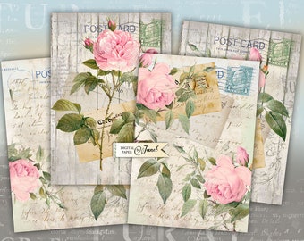 Roses Plaque Decor - digital collage sheet - set of 4 cards - Printable Download