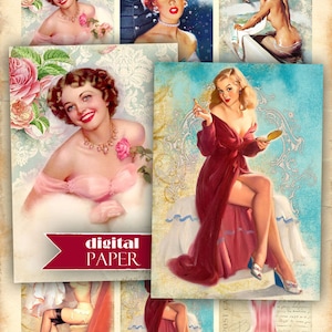 PIN UP girls - digital collage sheet - set of 8 cards - Printable Download