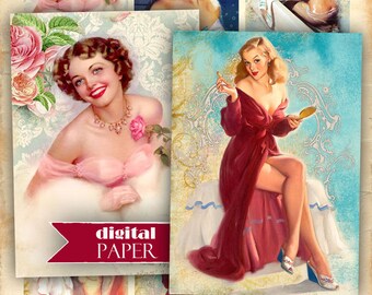 PIN UP girls - digital collage sheet - set of 8 cards - Printable Download