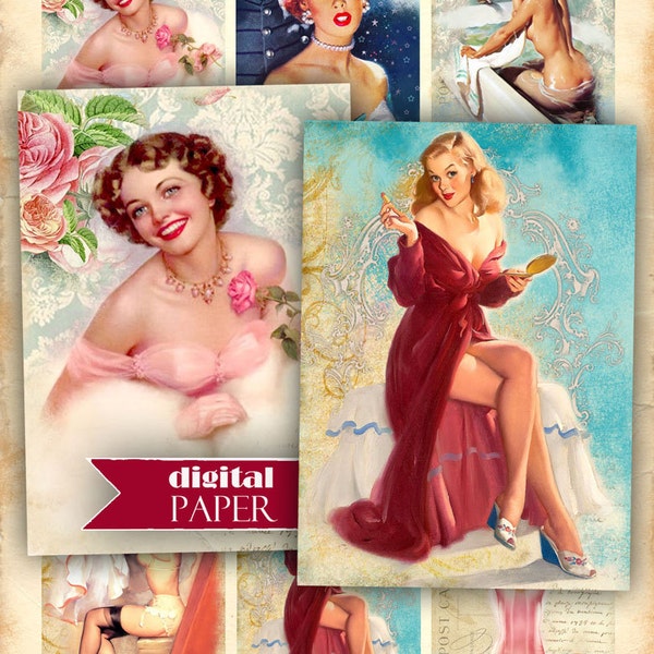 PIN UP girls - digital collage sheet - set of 8 cards - Printable Download