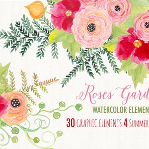 Roses Garden Collection - Elementi ad acquerello floreale - fichier PNG