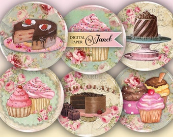 Little Patisserie - 2.5 inch circles - set of 12 - digital collage sheet - pocket mirrors, tags, scrapbooking, cupcake toppers