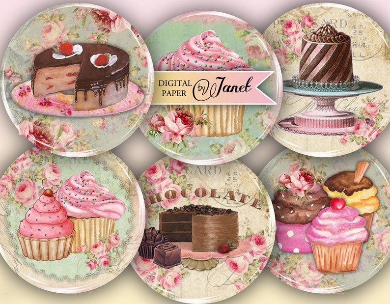 Little Patisserie 2.5 inch circles set of 12 digital collage sheet pocket mirrors, tags, scrapbooking, cupcake toppers image 1