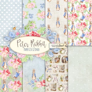 Peter Rabbit, Carta Scrapbooking stampabile, 12x12 pollici, Sfondo, Pagine di diario, Ephemera, Artigianato fai da te, Album di ritagli, Carte