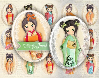 Yumiko - oval image - 30 x 40 mm or 18 x 25 mm - digital collage sheet  - Printable Download