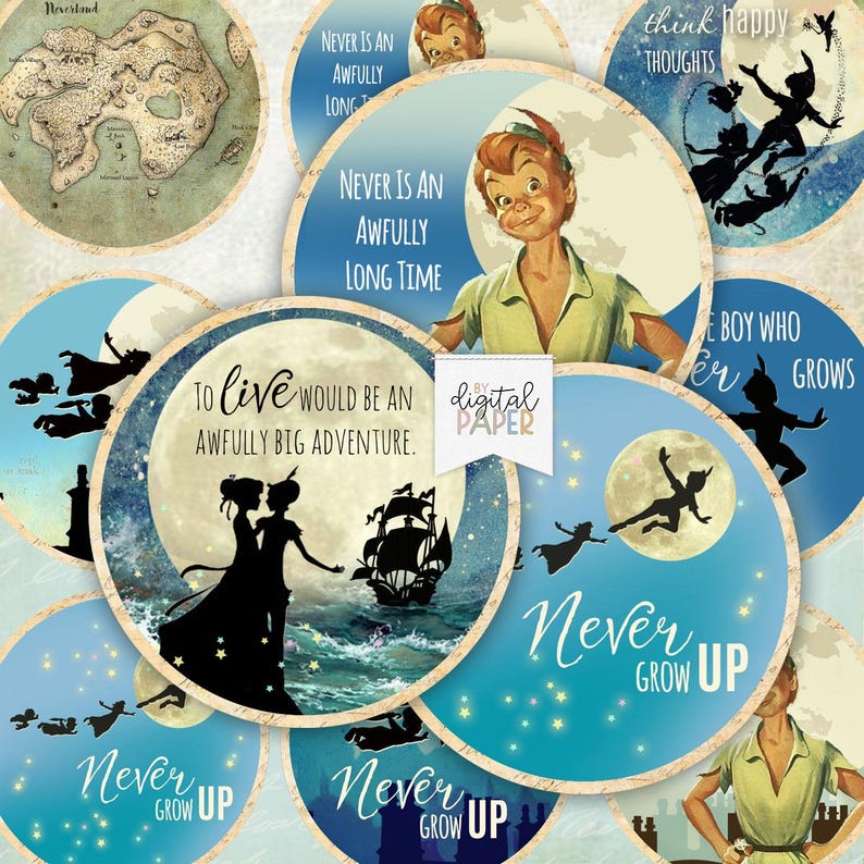 Peter Pan Ephemera Circles – Fairy Tale Junk Journal versieringen (afdrukbaar JPG A4-vel) afbeelding 1