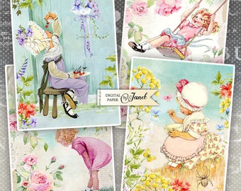 Little Story Cards - storie di illustrazioni - foglio di collage digitale - set di 4 carte - Download stampabile