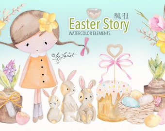 May include: Watercolor illustration with Easter theme. Features a girl, bunnies, flowers, Easter cake, and eggs. The text "Easter Story" is displayed. The artwork is in soft pastel colors, perfect for spring.