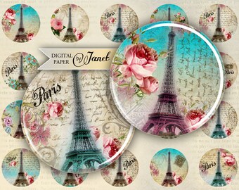 Paris et Roses - image de cercles - feuille de collage numérique - 1 x 1 pouce - Téléchargement imprimable