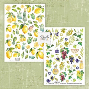 May include: Two digital paper sheets with watercolor illustrations of lemons, olives, grapes, and other Mediterranean-inspired elements. The first sheet features lemons, leaves, and prickly pear cactus. The second sheet features olives, grapes, olive branches, and a bottle of olive oil.