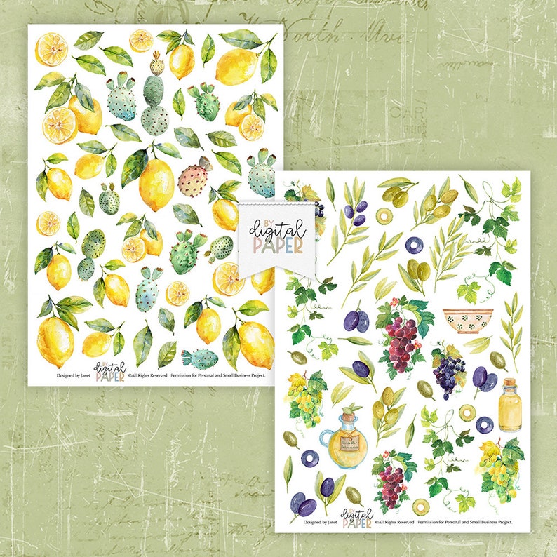 May include: Two digital paper sheets with watercolor illustrations of lemons, olives, grapes, and other Mediterranean-inspired elements. The first sheet features lemons, leaves, and prickly pear cactus. The second sheet features olives, grapes, olive branches, and a bottle of olive oil.