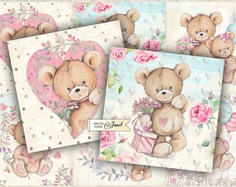 Teddy With Love - set di 6 carte - foglio collage digitale - Download stampabile