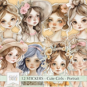 Bonecas de papel para impressão, retrato de garotas fofas, cortes complicados, cricut, planejador, adesivos, registro no diário, coisas efêmeras vintage, clipart, imagem de sublimação
