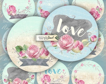 Círculos de AMOR - círculos de 2,5 pulgadas - conjunto de 12 - hoja de collage digital - espejos de bolsillo, etiquetas, álbumes de recortes, adornos para cupcakes