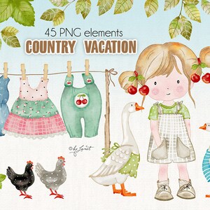 Vacanze in campagna - Estate - clipart d'arte - bambini carini - illustrazione estiva - Elementi acquerello - bestand PNG