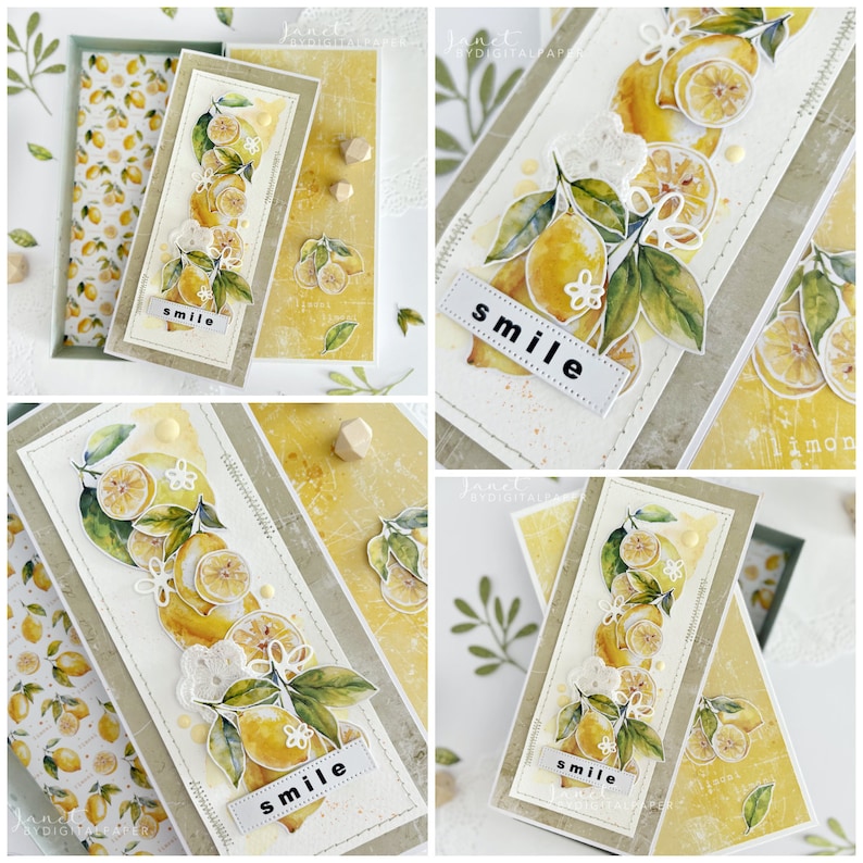 May include: A card with a watercolor illustration of lemons and leaves. The card has a white lace trim and the word "smile" written on it. The card is on a yellow background with a wooden embellishment.