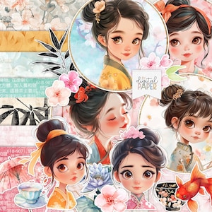 Fleurs de cerisier, Kits de scrapbooking oriental, Fille japonaise, Créations en papier, Fabrication de cartes, Papier imprimable, Illustration japonaise orientale