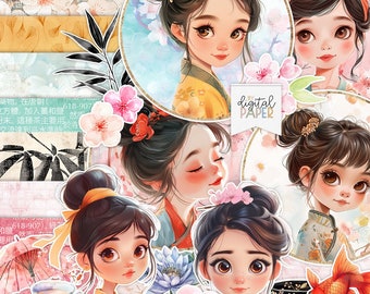 Fiori di ciliegio, kit di scrapbooking orientali, ragazza giapponese, lavoretti con la carta, creazione di biglietti, carta stampabile, illustrazione orientale giapponese