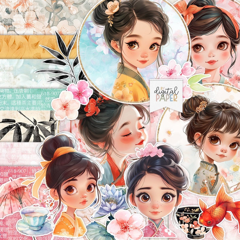 Fleurs de cerisier, Kits de scrapbooking oriental, Fille japonaise, Créations en papier, Fabrication de cartes, Papier imprimable, Illustration japonaise orientale image 1