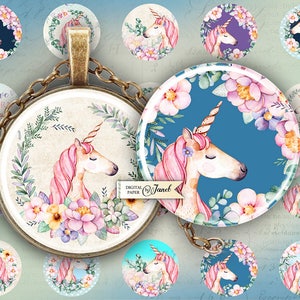 Unicorn - circles image - digital collage sheet - 1 x 1 inch - Printable Download