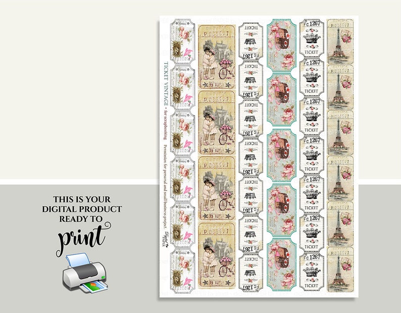 Ticket Vintage digital collage sheet set of 6 strips Printable Download image 2