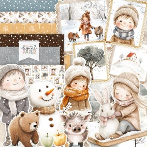 Invierno, Invierno acogedor, Nieve, Kits de scrapbooking imprimibles, Estilo vintage, Manualidades de papel, Planificador, Papel imprimible, Imagen infantil, Planificador