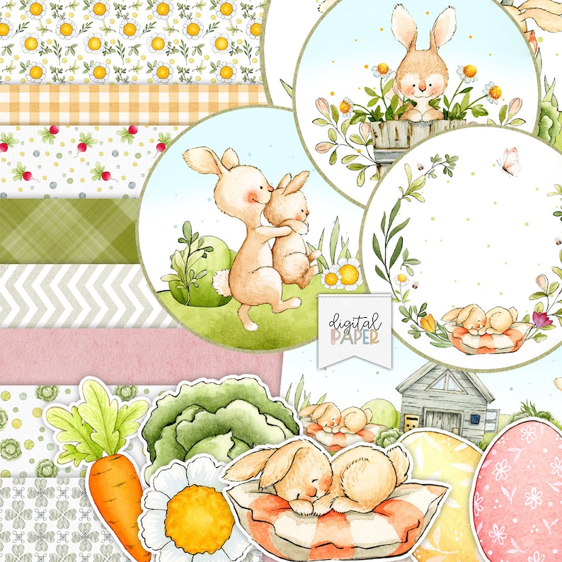May include: A set of digital papers featuring watercolor illustrations of bunnies, flowers, and eggs. The papers are perfect for creating Easter crafts, cards, and invitations.