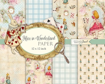 Shabby Chic Alice in Wonderland Paper - 12x12 Vintage Floral Scrapbook Kit - Romantic Wonderland Backgrounds - Soft Pink Victorian Ephemera