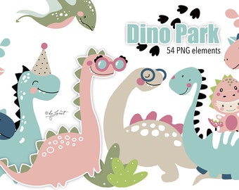 Dino Park - art clipart - cute dinosaur - kawai illustration - Watercolor Elements - PNG file