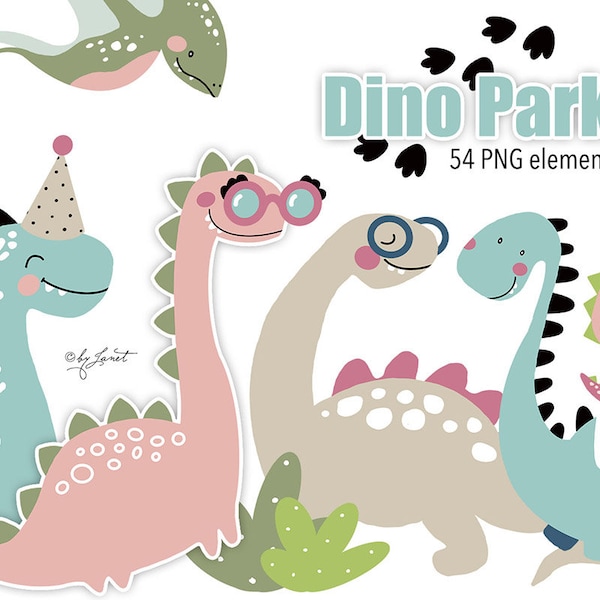 Dino Park - art clipart - cute dinosaur - kawai illustration - Watercolor Elements - PNG file