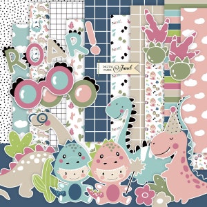 Puede incluir: Paquete de papel digital con temática de dinosaurios. El paquete incluye 12 patrones diferentes con dinosaurios, nubes, cactus y lunares. Los patrones son en tonos de azul, verde, rosa y blanco.