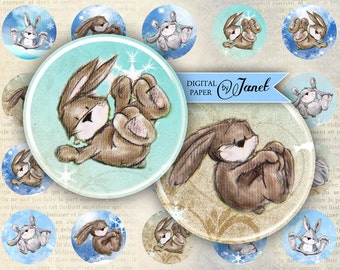 Rabbits in the Snow - circles image - digital collage sheet - 1 x 1 inch - Printable Download