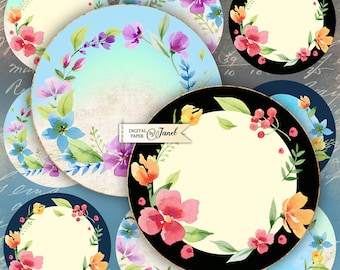 Circles Flower Tag - 2.5 inch circles - set of 12 - digital collage sheet - pocket mirrors, tags, scrapbooking, cupcake toppers