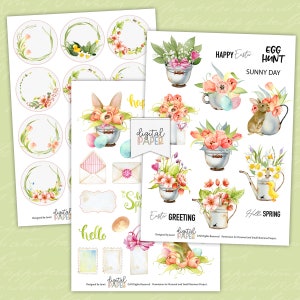 May include: A set of digital papers featuring watercolor illustrations of Easter eggs, bunnies, flowers, and spring-themed elements. The papers include a variety of colors, including pink, yellow, green, and blue. The papers are perfect for creating cards, invitations, scrapbook pages, and other craft projects.