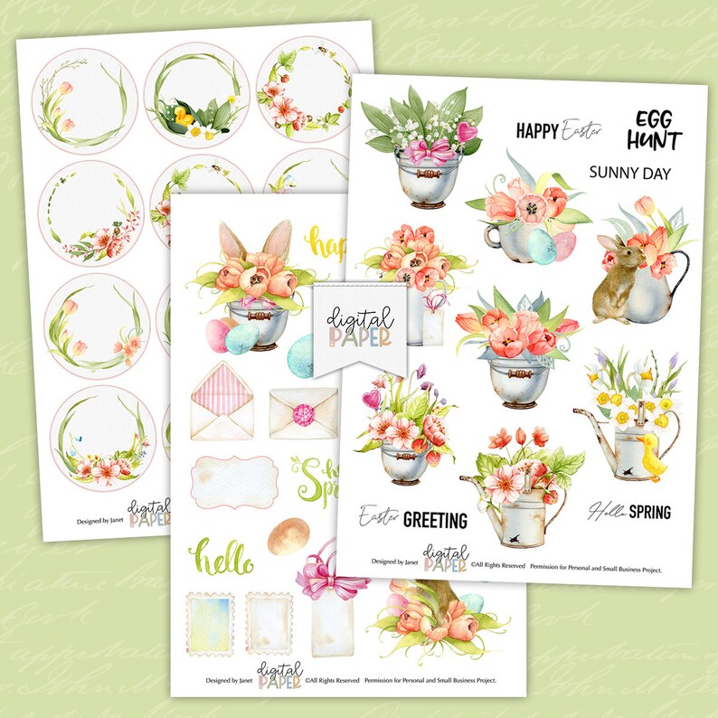 May include: A set of digital papers featuring watercolor illustrations of Easter eggs, bunnies, flowers, and spring-themed elements. The papers include a variety of colors, including pink, yellow, green, and blue. The papers are perfect for creating cards, invitations, scrapbook pages, and other craft projects.