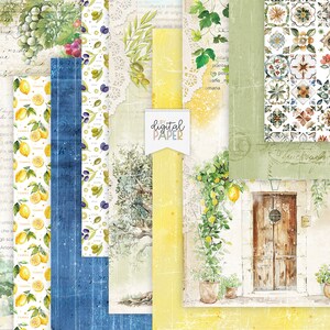 May include: A digital paper pack with a variety of patterns featuring lemons, olives, and a vintage Italian door. The patterns are in shades of yellow, green, blue, and white.