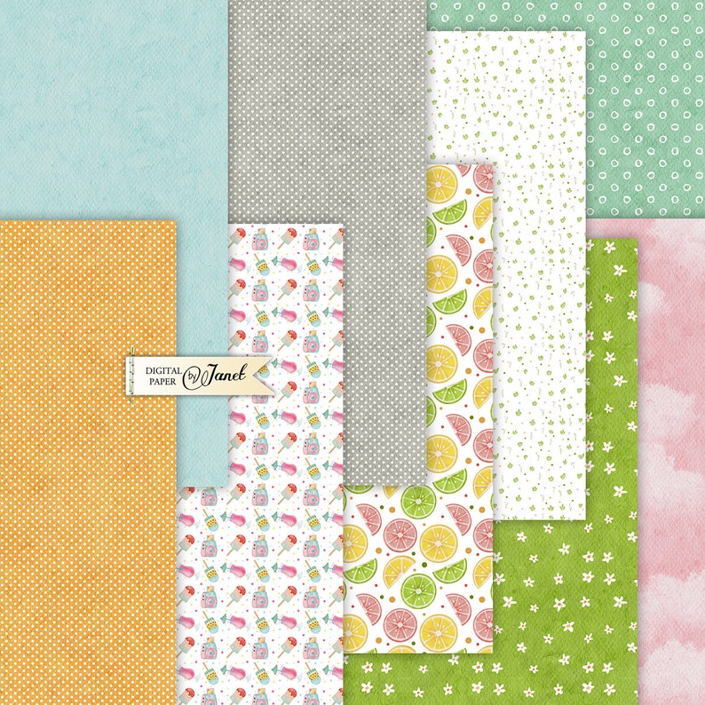 May include: A set of 10 digital papers featuring various summer-themed patterns. The patterns include lemons, limes, polka dots, flowers, and a pattern with jars and popsicles. The papers are perfect for scrapbooking, card making, and other crafting projects.
