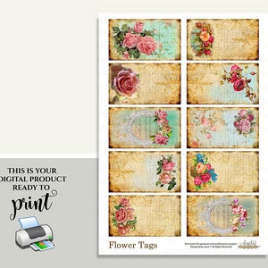 Flower Tags - Digital Collage Sheet - Set of 10 - Printable Download - Etsy
