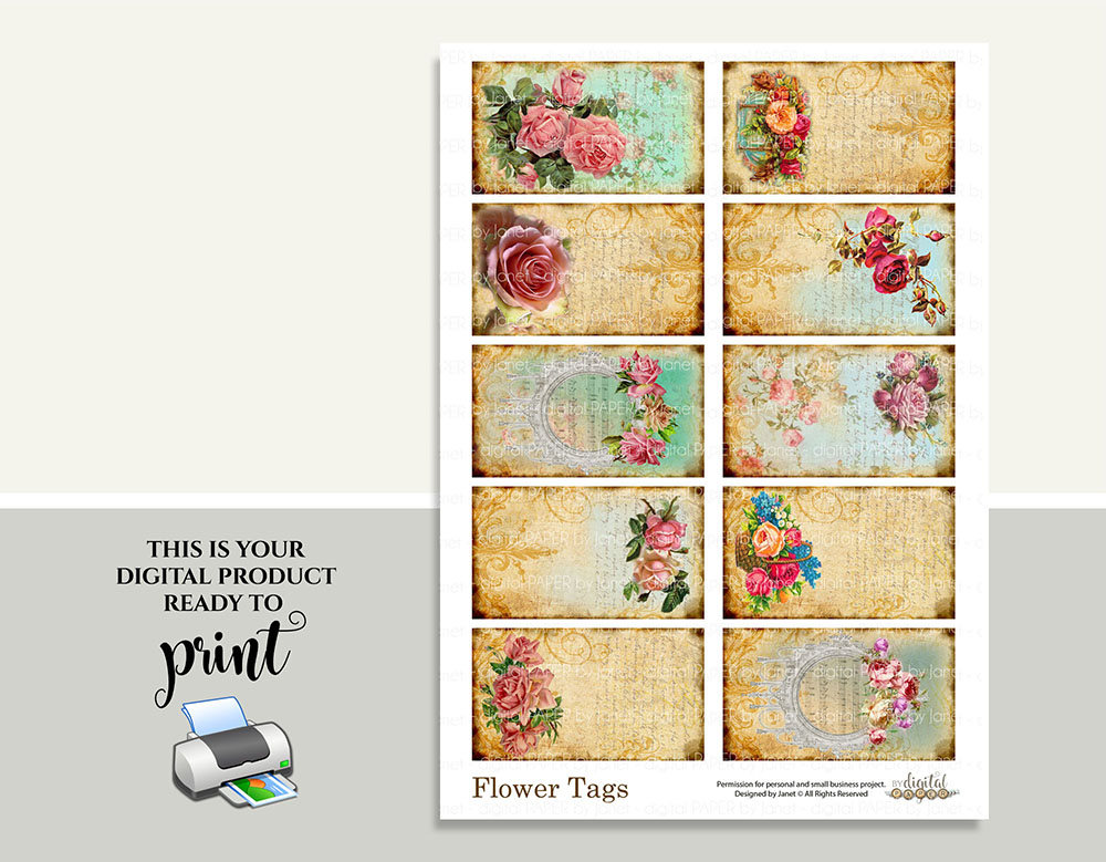 Flower Tags - Digital Collage Sheet - Set of 10 - Printable Download - Etsy