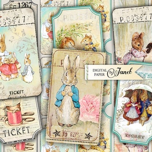 Little Ticket - foglio collage digitale - set di 6 strisce - Illustrazione Vintage - Peter Rabbit - Printable Download