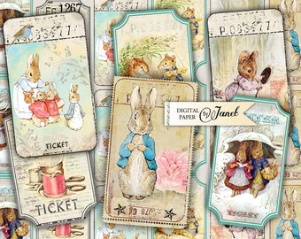 Little Ticket - foglio collage digitale - set di 6 strisce - Illustrazione Vintage - Peter Rabbit - Printable Download