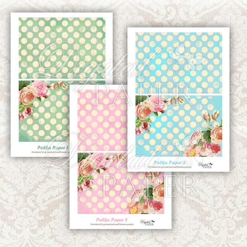 digital collage Printable Paper background set of 3 sheet Polka Paper