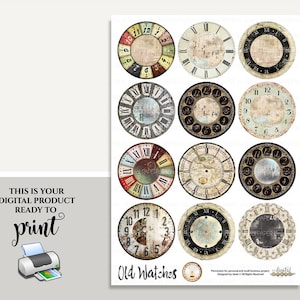 Old Watches, 2.5 inch circles, digital collage sheet, pocket mirrors, tags, scrapbooking, toppers, ephemera, stickers, journal supplies image 2