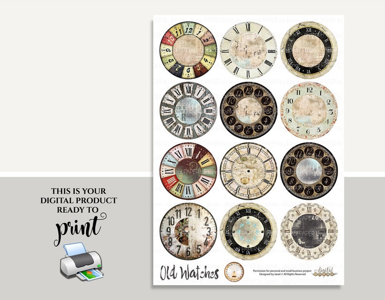 Old Watches, 2.5 inch circles, digital collage sheet, pocket mirrors, tags, scrapbooking, toppers, ephemera, stickers, journal supplies image 2