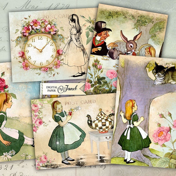 Alice nel Paese delle Meraviglie - Cartolina - Illustrazione - Foglio di collage digitale - Set di 8 - Download stampabile