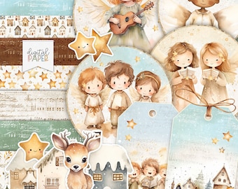 May include: Digital paper pack with a Christmas theme. The pack includes images of angels, stars, houses, a deer, and a musical score. The text "digital paper" is included in the image.